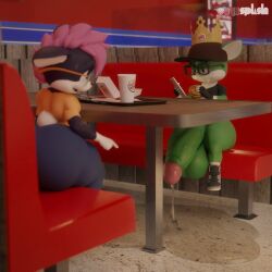 3d 3d_(artwork) anthro ass balls baseball_cap big_balls big_butt big_penis blender_cycles bodily_fluids bottomless burger burger_king burger_king_crown cellphone clothed clothing crown dialogue duo electronics eyewear fingerless_gloves flaccid food freckles gaia genital_fluids genitals glasses gloves handwear hat headgear headwear heterochromia hi_res huge_balls huge_butt huge_cock hyper hyper_balls hyper_genitalia hyper_penis leaking_precum male mammal onyxsplash penis phone precum public public_nudity restaurant sega sonic_the_hedgehog_(series) text thick_thighs tray vincent_(onyxsplash)