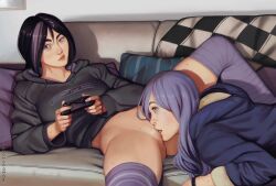 2girls bags_under_eyes black_hair clothes_writing commentary controller couch cunnilingus english_commentary futomomomoe game_controller highres mole mole_on_pussy mole_on_stomach mole_on_thigh mole_under_eye multiple_girls on_couch oral original pubic_stubble purple_hair purple_streaks purple_thighhighs pussy spread_legs striped_clothes striped_thighhighs thighhighs uneven_eyes yuri