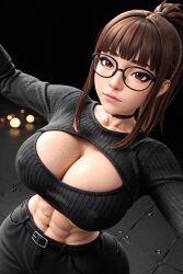 1girls 3d 3d_(artwork) abs ai ai_generated big_breasts busty cleavage cleavage_cutout crop_top glasses jeans madz_(oc) muscular_female ponytail preview radnsad solo solo_female solo_focus sweater thick_thighs tight_pants