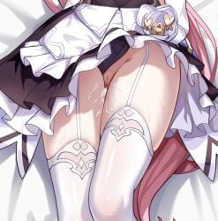 apron black_dress cleft_of_venus commentary_request cropped cum cum_on_body cum_on_pussy dakimakura_(medium) dress elysia_(honkai_impact) elysia_(miss_pink)_(honkai_impact) elysia_(miss_pink_elf)_(honkai_impact) female garter_straps honkai_(series) honkai_impact_3rd long_hair lower_body lying maid maid_apron merchandise_available no_panties official_alternate_costume on_back pink_hair pussy solo thighhighs thighs very_long_hair white_apron white_garter_straps white_thighhighs ying_se_lingyu