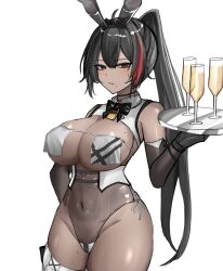 alcohol animal_ears bay_(nikke) bay_(radiant_rabbit)_(nikke) black_bow black_bowtie black_gloves black_hair bow bowtie breast_curtains breasts brown_eyes champagne champagne_flute commentary_request cup dark-skinned_female dark_skin drinking_glass elbow_gloves fake_animal_ears female gloves goddess_of_victory:_nikke highres holding holding_plate large_breasts leotard long_hair navel official_alternate_costume plate playboy_bunny ponytail rabbit_ears rebanira0330 see-through_clothes see-through_leotard simple_background solo thighs very_long_hair white_background