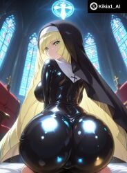ai_generated alternate_breast_size ass ass_focus back bangs barefoot black_bodysuit blonde_hair blush bodysuit breasts cameltoe church clothing cross female from_behind green_eyes habit huge_ass impossible_clothes indoors kikia1 large_breasts latex latex_bodysuit long_hair looking_at_viewer looking_back lusamine_(pokemon) multicolored_hair nun seiza shiny_clothes sitting skin_tight solo stained_glass thighs trefoil very_long_hair window