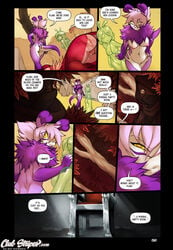 anthro ass breasts comic dialogue dorukolorukalai end_page english_text female forest fur goo gunmouth hair looking_at_viewer mammal mara_(gunmouth) mora nipples nude open_mouth pink_hair pink_skin purple_fur pussy pussy_juice slime smile teeth text tree yellow_eyes yuri