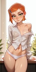 1girls ai_generated bare_shoulder bedroom ben_10 cartoon_network collarbone collared_shirt green_eyes gwen_tennyson hairclip indoors leaning_on_table long_sleeves looking_at_viewer midriff naked navel orange_hair partially_nude perfect_body sexy shirt_slip short_hair skinny small_breasts smile solo suggestive sunlight unbuttoned white_panties white_shirt