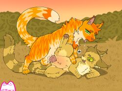 artist_logo artist_name balls belly_blush big_balls big_penis blush bodily_fluids body_blush claws clitoral_hood clitoris countershade_fur countershading domestic_cat drooling duo evening feet felid feline felis female feral firestar_(warriors) fur genitals ginger_fur green_eyes head_tuft heart_pupils heart_symbol hi_res logo lying_on_ground male male/female mammal markings narrowed_eyes nipples on_ground open_mouth orange_body orange_fur outside pawpads penile_spines penis saliva sandstorm_(warriors) sideways spread_legs spread_toes spread_vulva spreading stomach_bulge striped_balls striped_body striped_fur striped_genitalia striped_markings striped_tail stripes tabby_cat tail tail_markings teats text toe_claws toes tongue tongue_out tuft vulva warriors_(book_series) whitefroggim yellow_body yellow_fur yellow_grass