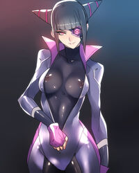 areolae ban bangs black_hair bodysuit breasts capcom clothed collarbone cowboy_shot curvy drill_hair eye_patch female female_only fingerless_gloves front_view gloves gradient_background highres human juri_han large_breasts nipples perky_breasts pink_eyes see-through shiny sidelocks skin_tight smile solo street_fighter street_fighter_v twin_drills unzipped