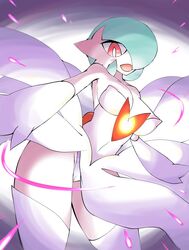 1girls areola_slip areolae armpits bare_shoulders belly big_breasts breasts dress eyelashes female female_only gardevoir gloves glowing green_hair hair_over_one_eye ikanomaru looking_at_viewer mega_evolution mega_gardevoir mega_pokemon navel nintendo nipples open_mouth panties pokemon pokemon_(species) pokemon_rse pokemon_xy red_eyes short_hair smile solo standing thighhighs tongue white_background white_skin