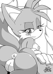 2017 anthro anus areola ass big_butt blush breasts canine coolblue erect_nipples exposed_torso female fox fur handwear looking_at_viewer looking_back mammal monochrome nipples nude presenting puffy_anus pussy rule_63 simple_background smile solo sonic_(series) tails tailsko