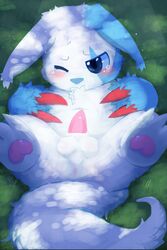 1boy alternate_color anus blue_eyes blue_fur blush erection fur furry kake0078 male male_only nintendo one_eye_closed pawpads penis pokemon pokemon_(species) pokemon_rse solo tapering_penis tears testicles video_games white_fur young zangoose