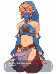 1boy androgynous balls blonde_hair blue_eyes blush breath_of_the_wild bridal_gloves canon_crossdressing clothed clothing crossdressing cute_male detached_sleeves dialogue english erection femboy gerudo_link gerudo_sirwal gerudo_top gerudo_veil girly hoop_earrings hourglass_figure humanoid light-skinned_male light_skin link link_(breath_of_the_wild) looking_at_viewer male male_only midriff mostly_nude navel partially_retracted_foreskin pelvic_curtain penis pointy_ears r4 see-through smooth_penis solo squatting testicles text text_box the_legend_of_zelda trap uncut veil