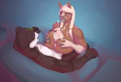 2017 anthro areola bear big_breasts black_fur blonde_hair blue_background blue_eyes braided_hair breasts brown_fur brown_nipples chair cum cum_on_breasts cum_on_chest cum_on_face cum_on_penis cumshot duo ejaculation equine female fur furry furry_only hair horse huge_breasts humanoid_penis interspecies keeltheequine long_hair male male/female mammal nipples nude open_mouth orgasm paizuri panda penis sex simple_background sitting smile straight teeth white_fur