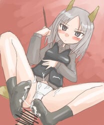 animal_ears ass blush breasts brown_eyes censored clothing cum cum_on_lower_body dog_ears dog_tail edytha_rossmann feet female footjob footjob_with_legwear higezamurai_(kurage_gunsou) no_shoes nude panties short_hair silver_hair small_breasts sockjob socks solo strike_witches tail world_witches_series