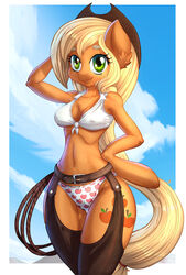 1girls anthro applejack_(mlp) chaps david_delanty female female_only friendship_is_magic furry halter_top mailinya my_little_pony panties print_panties smooth_skin solo solo_female