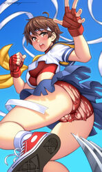 1boy 1girls absurd_res asian ass blush breasts brown_eyes brown_hair buruma capcom claws dat_ass erect_nipples erotibot female fingerless_gloves footwear gloves handwear headband headwear highres human midriff pale_skin pussy sakura_kasugano school_uniform serafuku shoes short_hair skirt sneakers street_fighter torn_buruma torn_clothes uncensored upskirt vega_(street_fighter)