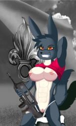 1girls 2017 abs alternate_color anthro arm_behind_head arm_up armpits assault_rifle belly big_breasts bottomless breasts canine clothed clothing eeveelution famas feet female female_only flag foreign_legion furry grey_background grey_fur grin gun hi_res holding kneeling legion_etrangere long_ears looking_at_viewer lucaschu monochrome muscular muscular_female nintendo nude original_character outdoors outside panties pokemon pokemon_gsc presenting presenting_pussy pussy ranged_weapon red_eyes rifle shadow shirt shirt_lift short_hair sky smile solo standing tail teeth topless umbreon underwear video_games weapon white_fur yellow_sclera