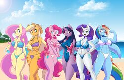 anthro applejack_(mlp) beach bikini blush fluttershy_(mlp) friendship_is_magic furry mane_six_(mlp) mastergodai multiple_girls my_little_pony pinkie_pie_(mlp) rainbow_dash_(mlp) rarity_(mlp) straight_hair swimsuit twilight_sparkle_(mlp)