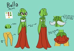 2016 anthro ass bella_(screwroot) breasts brown_eyes clothed clothing copihue dress english_text eyewear female flora_fauna flower leaf model_sheet nipples petal_dress plant pussy red_nipples screwroot simple_background smile solo standing text