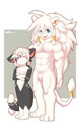 abs anger_vein annoyed anthro crossed_arms duo featureless_crotch feline furry kay_(whiteleo) leo_(whiteleo) lion looking_at_viewer male mammal mane multiple_tails muscular nude one_eye_closed pecs petting size_difference smile tail_ring whiteleo yaoi