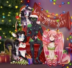 anthro armpits balls canine cervine christmas christmas_tree clothing collar deer erection feline female group holidays hybrid inside kneeling knot leash looking_at_viewer male mammal panties penis_bow penis_ribbon reptile ribbons scalie sheenny sitting smile snake straight tree underwear wide_hips