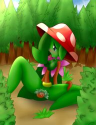 2017 anthro ass blush breasts bush day enoki_(thompson-vonjung) enoki_(vonjungle) erection female flora_fauna flower forest green_skin hair hat leaf masturbation nude open_mouth outside penetration plant pussy solo spreading thompson-vonjung tree vaginal_penetration