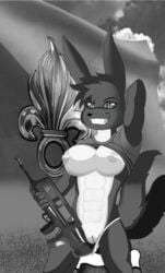 1girls 2017 abs alternate_color anthro arm_behind_head arm_up armpits assault_rifle belly big_breasts bottomless breasts canine clothed clothing eeveelution famas feet female female_only flag foreign_legion furry greyscale grin gun hi_res holding kneeling legion_etrangere long_ears looking_at_viewer lucaschu monochrome muscular muscular_female nintendo nude original_character outdoors outside panties pokemon pokemon_gsc presenting presenting_pussy pussy ranged_weapon rifle shadow shirt shirt_lift short_hair sky smile solo standing tail teeth topless umbreon underwear video_games weapon