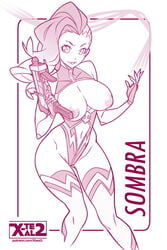 areolae artist_name breast_cutout character_name female finger_on_trigger fingerless_gloves gun long_hair looking_at_viewer mole_under_eye monochrome navel nipples overwatch parted_lips solo sombra teeth weapon web_address x-teal