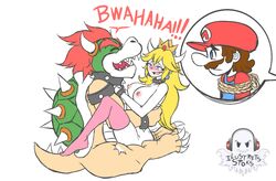 1girls 2boys bimbo blonde_hair blue_eyes blush bowser bowser_(cosplay) bracelet breasts brown_hair claws closed_eyes crown eyelashes facial_hair female hat horns ilustretsspoks interspecies koopa large_breasts laughing long_hair male mario mario_(series) moustache multiple_boys netorare nintendo nipples nude open_mouth pink_legwear princess_peach red_hair restrained rope sharp_teeth simple_background speed_lines spiked_bracelet spiked_collar spikes straight tail text thighhighs vaginal_penetration white_background