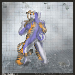 anthro ass barefoot border canine crossover dripping duo embrace english_text exile_(road_rovers) feline flat french_kissing frosted_flakes furry husky indoors kellogg's kissing male mammal mascot muscular nude one_eye_closed rear_view road_rovers shower_room simple_background standing star_ringer text tiger tony_the_tiger wet yaoi