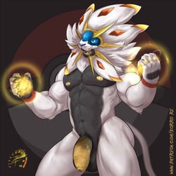 1boy 2017 anthro anthrofied black_background black_fur blue_body blue_eyes blue_sclera energy english_text feline foreskin fur furry hair humanoid_penis legendary_pokemon light lion male male_only mammal muscular muscular_male navel nintendo nipples nude open_mouth penis poke_ball pokemon pokemon_sm pokemorph signature simple_background solgaleo solo teeth testicles text thick_thighs veins veiny_penis video_games white_fur white_hair yellow_nipples yellow_penis yellow_tongue zorrore