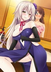 2girls bangs bare_legs bare_shoulders bathroom blonde_hair blush breasts cleavage dress elbow_gloves eyebrows_visible_through_hair fate/grand_order fate_(series) flower gloves hair_between_eyes hair_flower hair_ornament highres ikura_nagisa jeanne_alter large_breasts licking_lips long_hair looking_at_viewer love_handles mirror multiple_girls navel navel_cutout no_bra no_panties pussy pussy_juice reflection ribbon shiny shiny_skin sink sitting sweat tongue tongue_out wet yellow_eyes