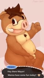 animal_crossing anthro anthrofied balls boar dialogue english_text eyewear flaccid glasses gui inviting mabit male_only mammal navel nintendo nude open_mouth penis porcine sitting slightly_chubby smile talking_to_viewer text tusks video_games