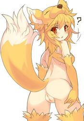 ? animal_ears animal_hat ass back bangs bare_shoulders blonde_hair blush bottomless clitoral_hood elbow_gloves female fox_ears from_behind gloves hat looking_at_viewer looking_back moonlight_flower no_panties open_mouth pussy ragnarok_online red_eyes short_hair simple_background solo tail thighhighs tsuderou