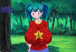 1girls 2017 aqua_hair arms_behind_back big_breasts blue_hair blush breasts busty cleavage clothed clothes duplica_(pokemon) erect_nipples eyebrows eyelashes female female_only gigantic_breasts grass greengiant2012 hair hourglass_figure huge_breasts human human_only large_breasts long_hair looking_away nintendo nipple_bulge nose outdoors plant pokemon purple_eyes red_eyes shiny shiny_skin shirt solo standing text tied_hair tree twintails upper_body voluptuous wood