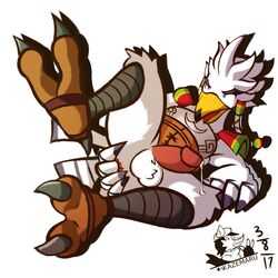 1boy animal_humanoid anthro avian avian_humanoid balls beak breath_of_the_wild feathers fingering humanoid male male_only nintendo penis rito solo solo_male talons teba_(tloz) teba_(zelda) the_legend_of_zelda ventkazemaru video_games white_feathers wings