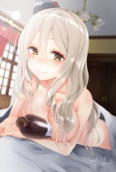 2017 alcohol areolae bed bed_sheet beer between_breasts blurry blush bottle breasts brown_eyes dated depth_of_field drunk dutch_angle female grey_hair hair_between_eyes highres indoors kantai_collection large_breasts light_particles looking_at_viewer lying nipples nude object_between_breasts on_stomach pola_(kantai_collection) sakiryo_kanna smile solo under_covers upper_body wavy_hair window