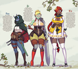 3girls amy_(elijah_pink) amy_(tiefling)_(elijah_pink) armor big_breasts blonde_hair blue_eyes blue_skin character_sheet dark-skinned_female dark_skin elf elf_female elijah_pink fantasy female female_only green_hair green_skin half-orc high_heels horn horn_ring jorcelyn josie_(elijah_pink) long_ears long_hair model_sheet multiple_girls opera_gloves orange_eyes orc orc_female original original_character original_characters piercing red_hair simple_background sword text tia_(elijah_pink) tiefling tight_clothing yellow_eyes