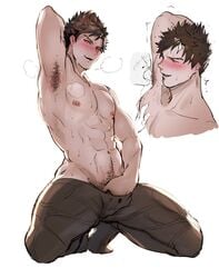 1boy 1male abs armpit_licking armpits art_dump bara belial_(granblue_fantasy) blush body_hair brown_hair granblue_fantasy haiki396g hand_in_pants male male_only muscles muscular naughty_face on_knees pubic_hair red_eyes solo solo_focus sweat tagme topless visible_breath white_background