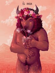 1boy anthro bovine buffalo closed_eyes flaccid flower furry horn kazeesnep_(artist) male mammal nipples penis plant pubic_hair