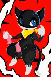 2017 animated anthro balls beckoning black_hair blue_eyes erection feline hair lettucebot looking_at_viewer male male_only mammal morgana_(persona) nude penis red_background simple_background smile video_games