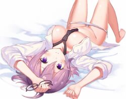 barefoot between_breasts breasts fate/grand_order fate_(series) female glasses glasses_removed hair_between_eyes haru_(hiyori-kohal) holding holding_glasses large_breasts looking_at_viewer lying necktie necktie_between_breasts on_back open_clothes open_shirt panties panty_pull purple_eyes purple_hair shielder_(fate/grand_order) shirt short_hair side-tie_panties smile solo underwear upside-down white_panties