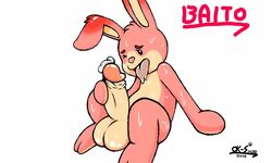 anthro arcade_bunny balls cum glans humanoid_penis lagomorph male male_only mammal masturbation nintendo nintendo_badge_arcade nude open_mouth penis rabbit saliva simple_background solo sweat tongue video_games white_background