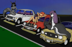 2017 anthro ass black_fur black_hair clothed clothing eyewear female fur glasses grey_fur group hair looking_at_viewer looking_back mammal mary_(sailoranna) mouse orange_hair purple_hair pussy raccoon rodent sailoranna skunk tan_fur topless tracy_(sailoranna) violet_(sailoranna)