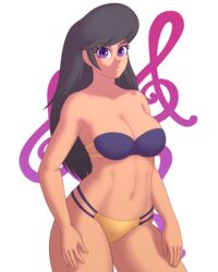 absurdres arm arms bare_arms bare_legs bare_shoulders bikini black_hair blue_bikini blue_swimsuit breasts cleavage closed_mouth collarbone equestria_girls female female_only friendship_is_magic hands highres human humanized large_breasts legs long_hair looking_at_viewer midriff multicolored multicolored_bikini multicolored_swimsuit my_little_pony navel neck octavia octavia_melody panties personification purple_eyes solo souladdicted staff_(music) standing strapless strapless_bikini strapless_swimsuit swimsuit white_background yellow_bikini yellow_swimsuit