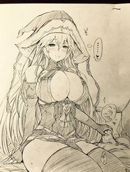 blush breasts cleavage elbow_gloves female gloves granblue_fantasy graphite_(medium) handjob hat highres huge_breasts long_hair magisa_(granblue_fantasy) naoyama_masaru penis photo_(medium) sitting thighhighs traditional_media