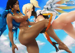 2girls areolae armor ass barefoot belly black_hair blonde blonde_hair blue_eyes bottomless breast_sucking breasts brown_eyes brown_hair censored dark-skinned_female dark_skin dat_ass facial_tattoo feet female female_only gloves hair_ornament high_resolution hips interracial large_breasts legs long_hair makeup mechanical_wings mercy multiple_girls navel ningyon nipples open_clothes open_shirt overwatch pharah ponytail power_armor pubic_hair pussy sex sideboob sky tagme tattoo thighs tied_hair toes vagina wings yuri