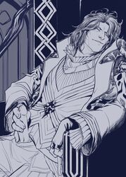 1boy ardyn_izunia closed_eyes clothed erection final_fantasy final_fantasy_xv hand_on_penis male_only masturbation penis penis_grab sitting smile solo touching_penis