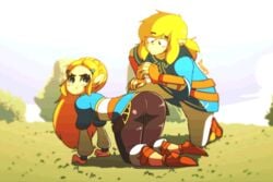 1boy 1girls 2017 5_fingers all_fours animated animated_gif ass blonde_hair blue_eyes braided_hair breath_of_the_wild butt cute diives female french_braid humanoid humanoid_hands hylian leggings link link_(breath_of_the_wild) long_hair male nintendo patreon pointy_ears pout princess princess_zelda royal royalty spanking the_legend_of_zelda thumbs_up video_games watermark yoga_pants zelda_(breath_of_the_wild)