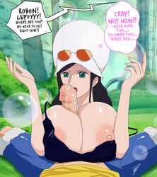 1boy black_hair cum_between_breasts dressrosa ejaculation_between_breasts eyewear_on_head female glasses glasses_on_head huge_breasts huge_cock licking long_hair male monkey_d_luffy nico_robin one_piece ons paizuri penis pov straight sunglasses_on_head text