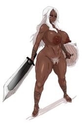 1girls breasts casual_nudity dark-skinned_female dark_skin female female_only human large_breasts large_nipples ponkotsuu pubic_hair pussy redguard shield skyrim sword the_elder_scrolls venus_body weapon white_hair