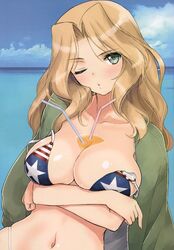 ;o absurdres american_flag american_flag_bikini aqua_eyes between_breasts bikini bikini_top blonde_hair blush breasts bust_cup cleavage collarbone crossed_arms day drink drinking_straw eyebrows_visible_through_hair female flag_print girls_und_panzer green_jacket head_tilt highres jacket jacket_on_shoulders kay_(girls_und_panzer) large_breasts liquid long_hair looking_at_viewer navel ocean one_eye_closed outdoors parted_lips puckered_lips shiny shiny_skin skindentation solo stomach strap_slip summer swimsuit taka_tony upper_body water wavy_hair